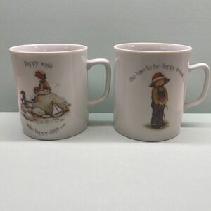 Vintage‎ 70s Holly Hobbie Coffee Mugs Cups Boy Robbie Hobbie Happy Quotes Japan